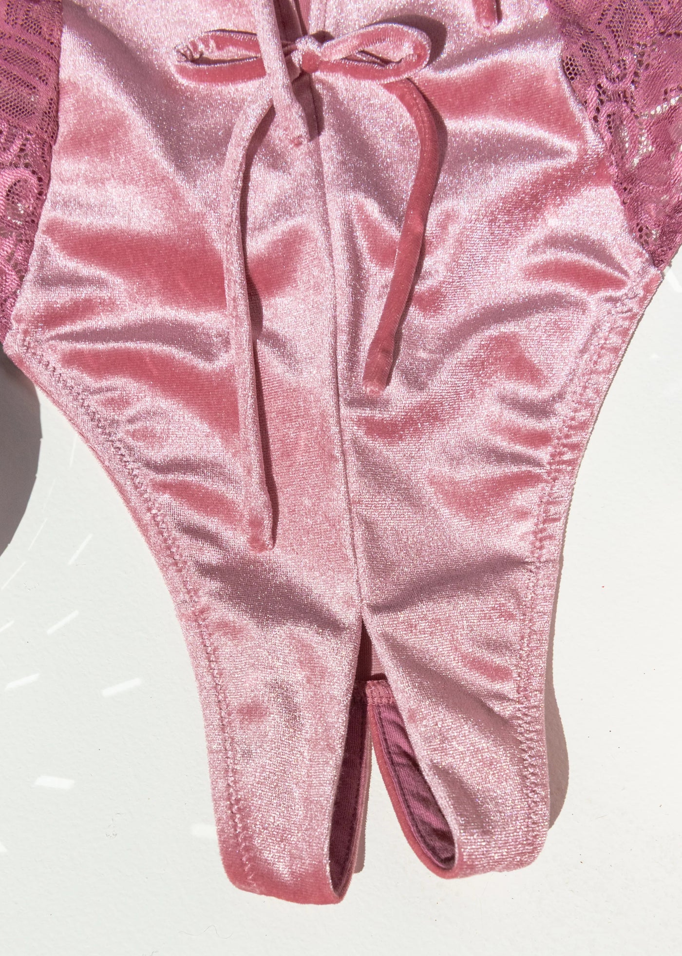 Lace & Velvet Crotchless Teddy - Sugarplum Pink