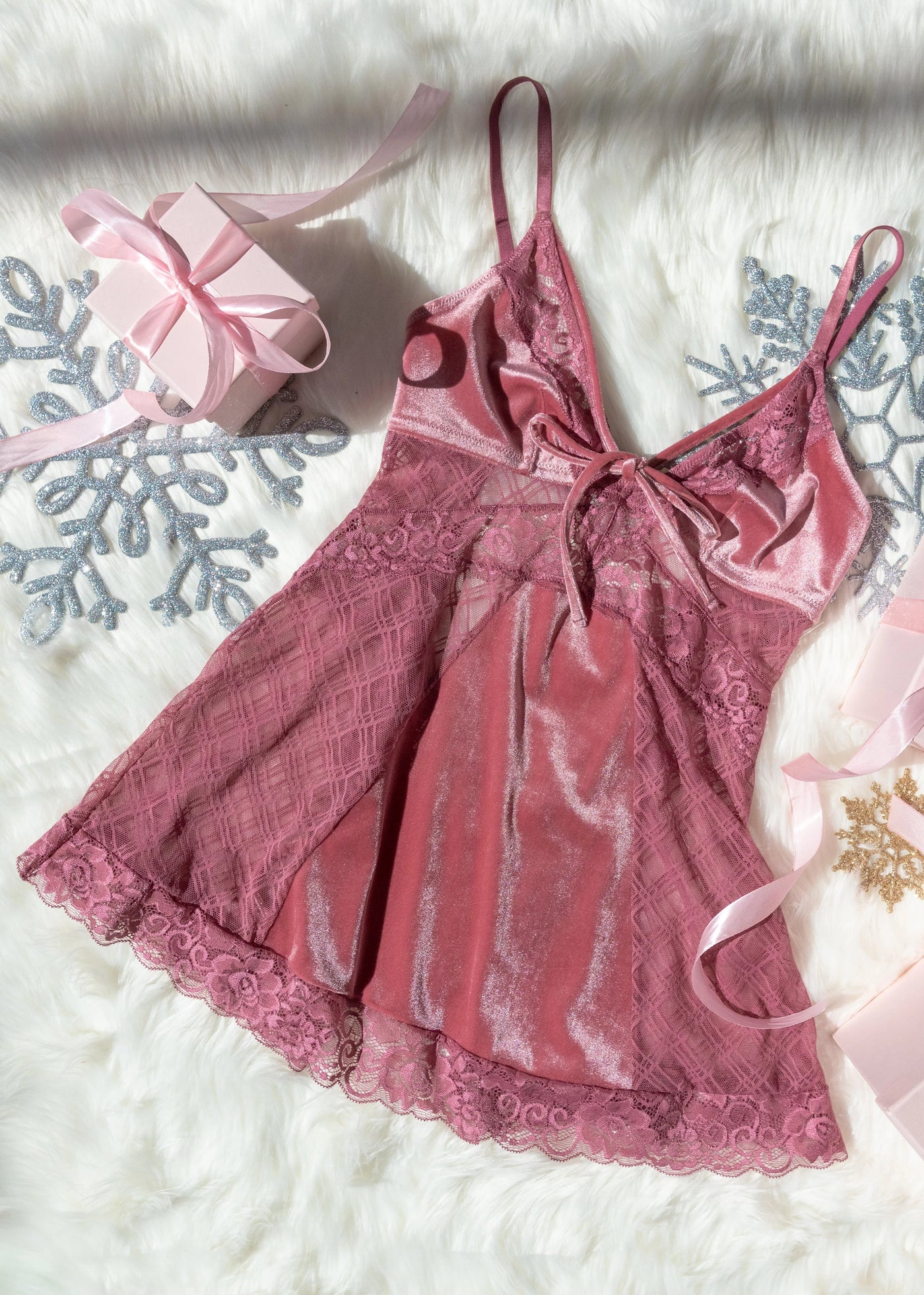 Lace & Velvet Strappy Babydoll - Sugarplum Pink