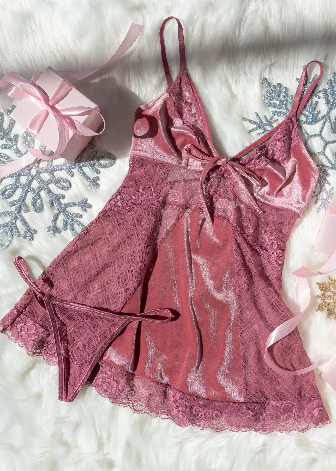 Lace & Velvet Strappy Babydoll - Sugarplum Pink
