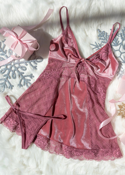 Lace & Velvet Strappy Babydoll - Sugarplum Pink