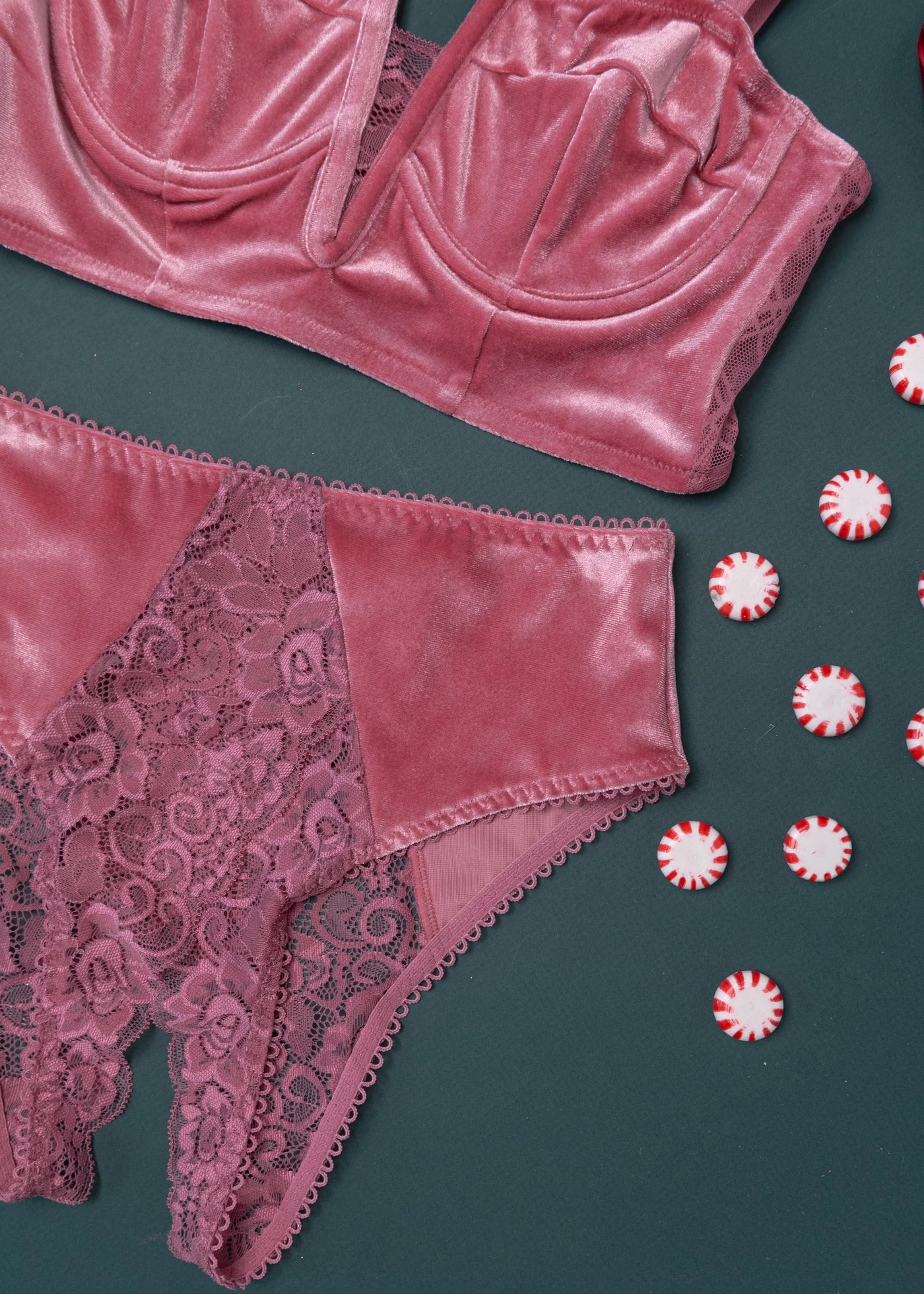 Lace & Velvet Crotchless Hipster Panty - Sugarplum Pink