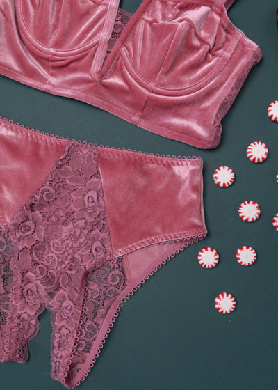 Lace & Velvet Crotchless Hipster Panty - Sugarplum Pink
