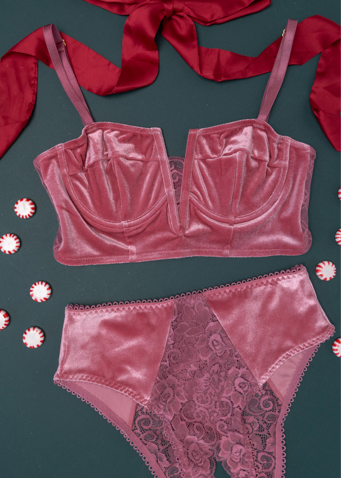 Lace & Velvet Crotchless Hipster Panty - Sugarplum Pink