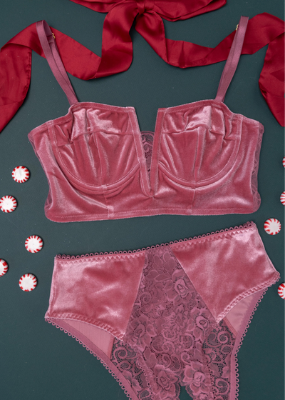 Lace & Velvet Crotchless Hipster Panty - Sugarplum Pink