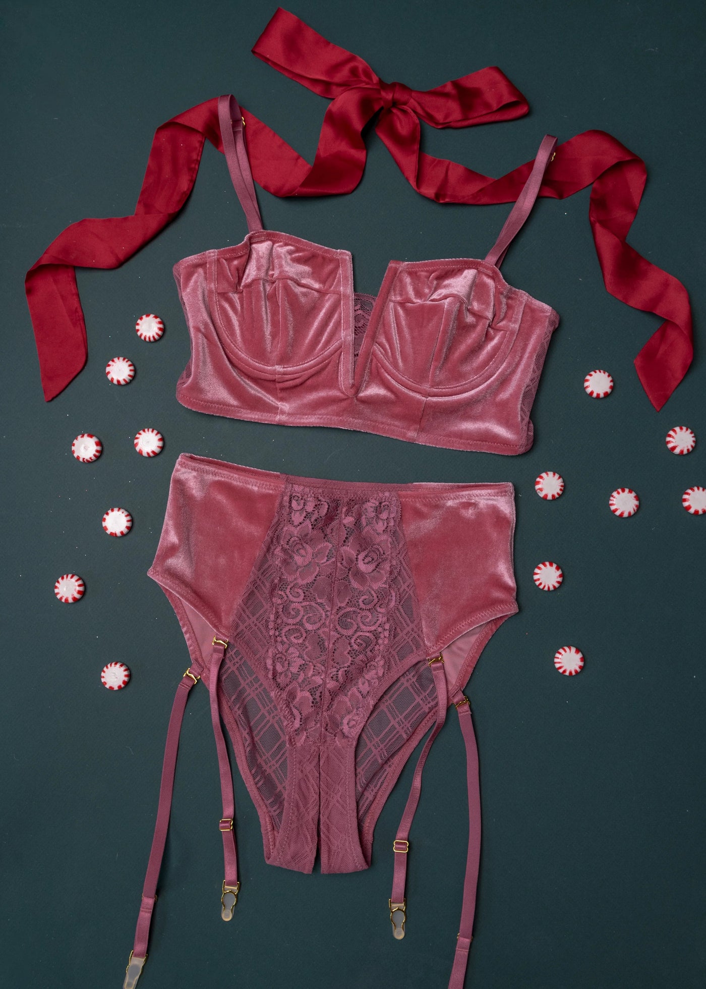 High Waist Velvet Crotchless Garter Panty - Sugarplum Pink