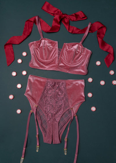High Waist Velvet Crotchless Garter Panty - Sugarplum Pink