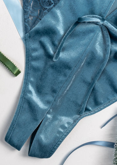 Lace & Velvet Crotchless Teddy - Retro Blue