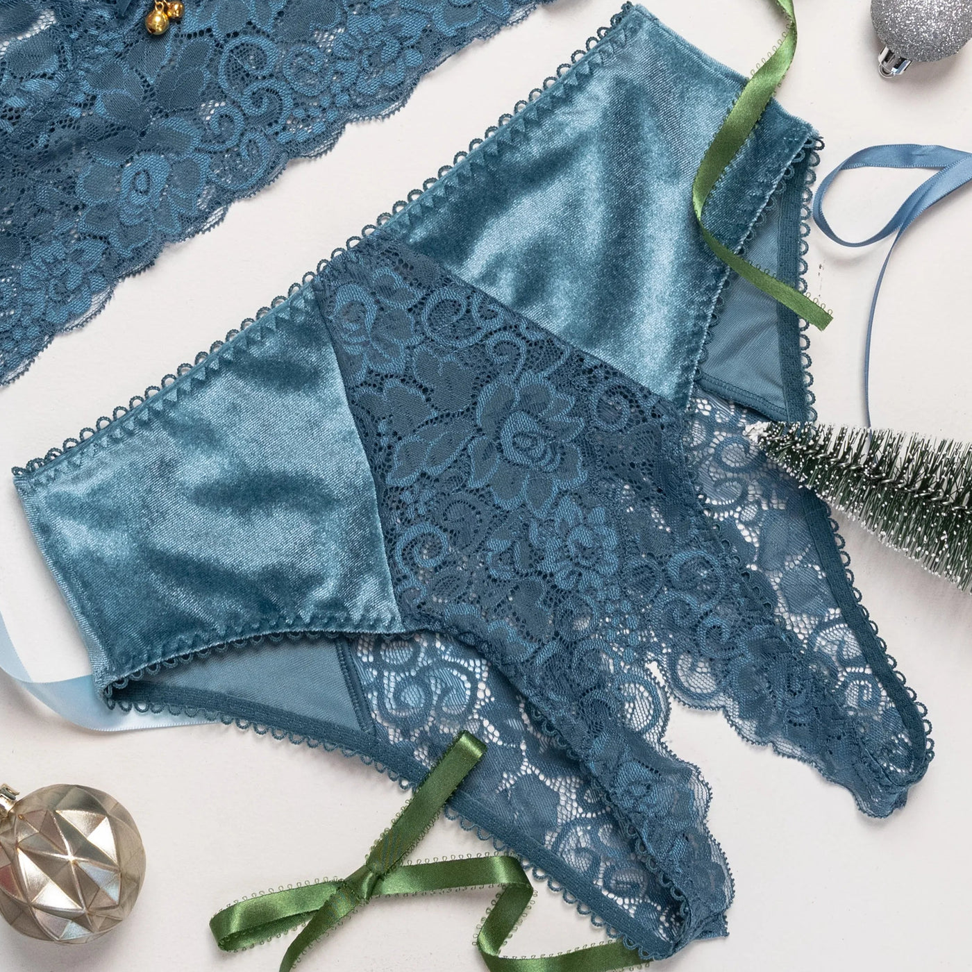 Lace & Velvet Crotchless Hipster Panty - Retro Blue
