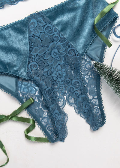 Lace & Velvet Crotchless Hipster Panty - Retro Blue