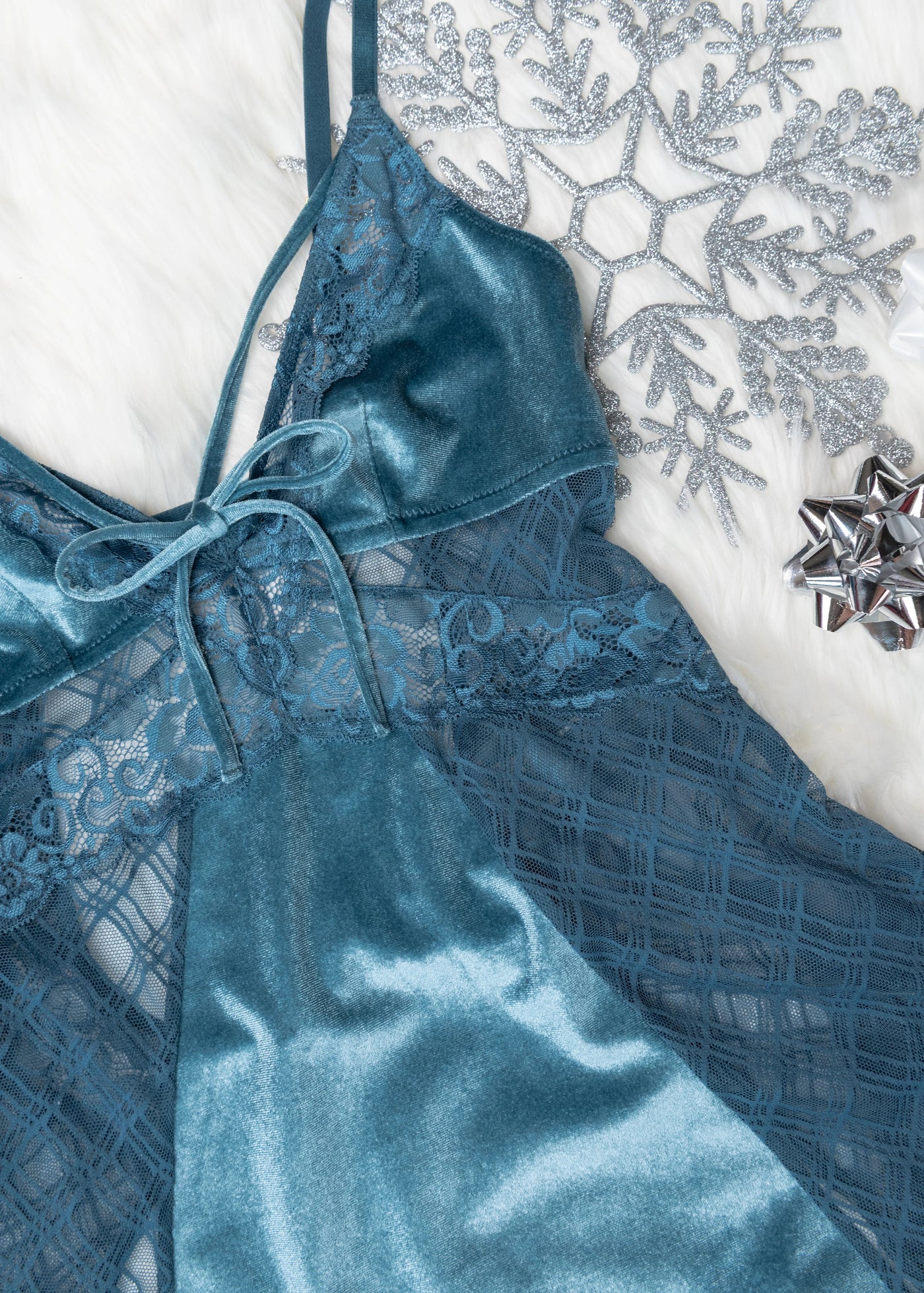 Lace & Velvet Strappy Babydoll - Retro Blue