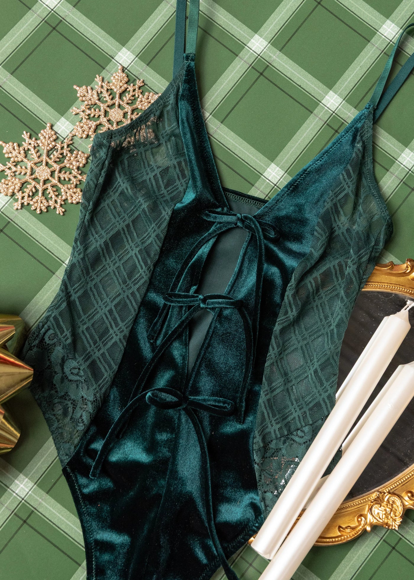 Lace & Velvet Crotchless Teddy - Alps Green