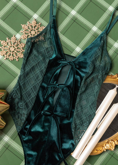 Lace & Velvet Crotchless Teddy - Alps Green