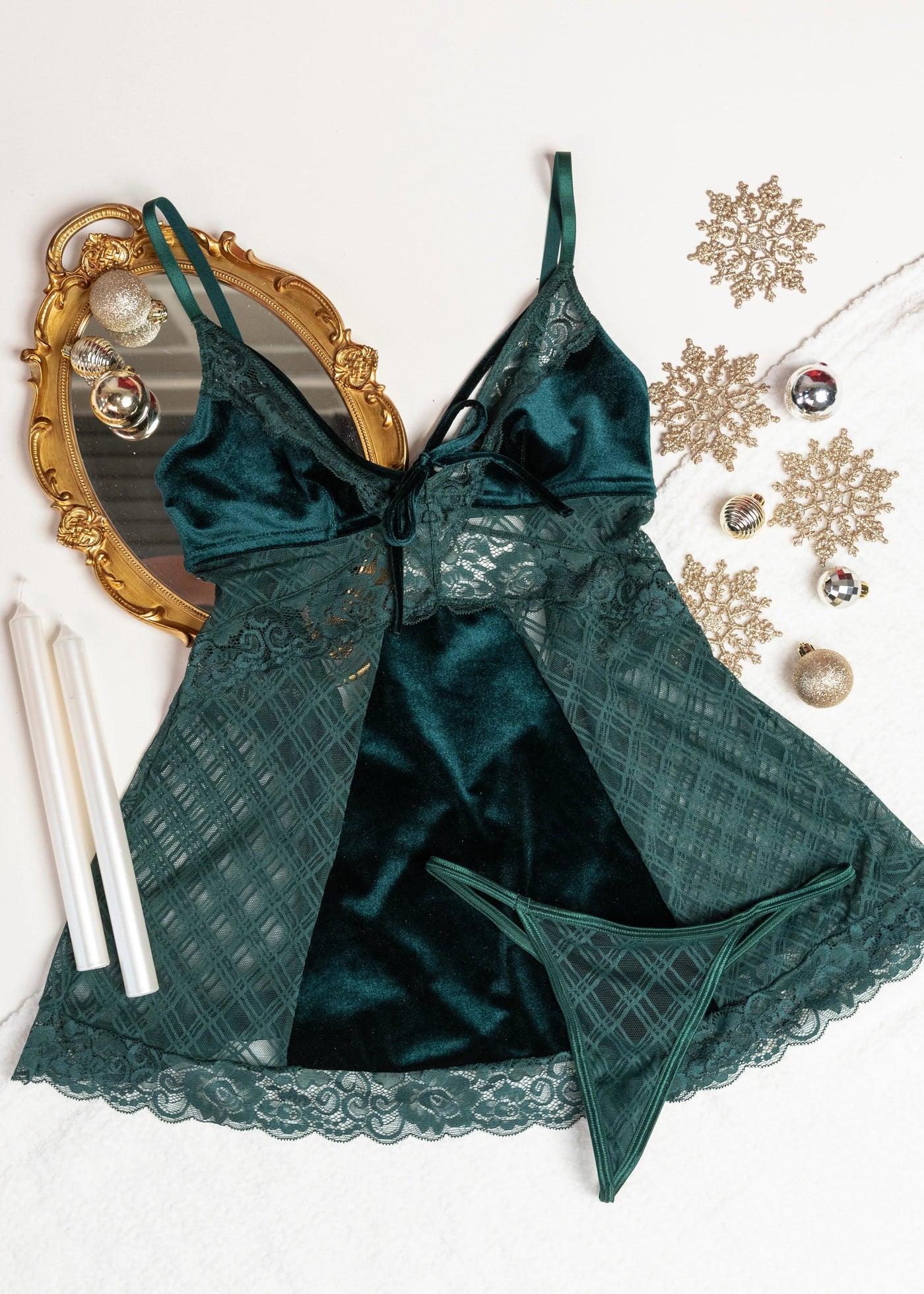 Lace & Velvet Strappy Babydoll - Alps Green