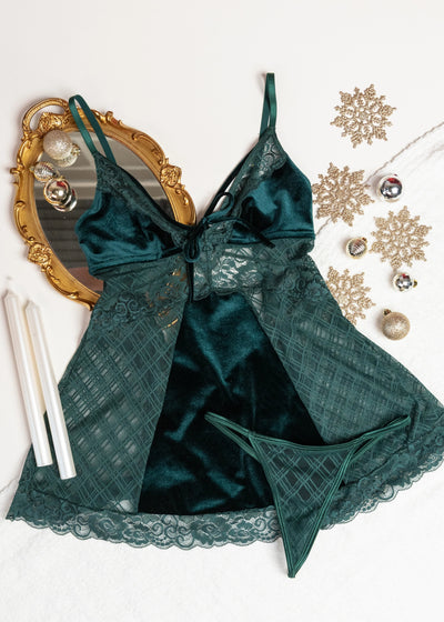 Lace & Velvet Strappy Babydoll - Alps Green