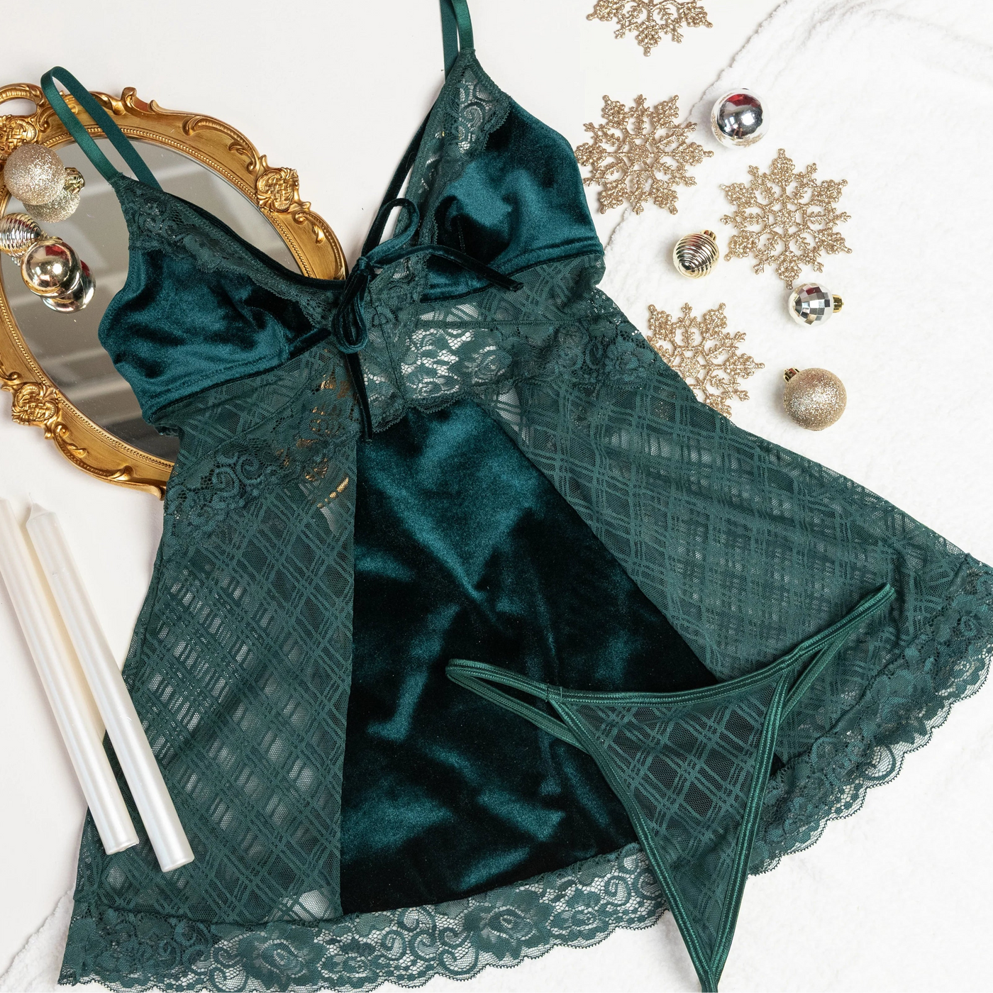 Lace & Velvet Strappy Babydoll - Alps Green