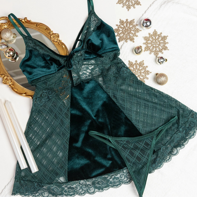 Lace & Velvet Strappy Babydoll - Alps Green