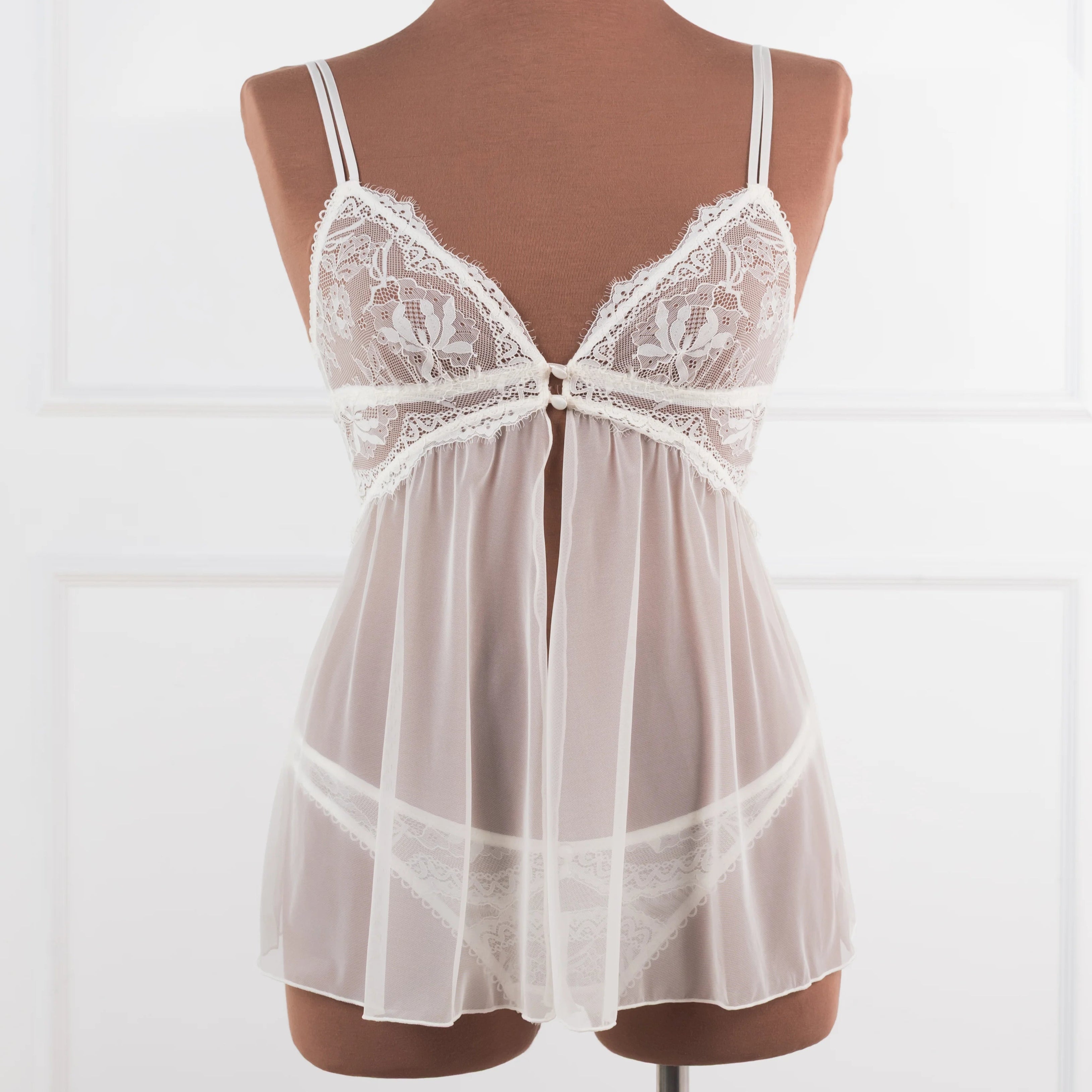 Lace & Mesh Button Babydoll - Pearl - L