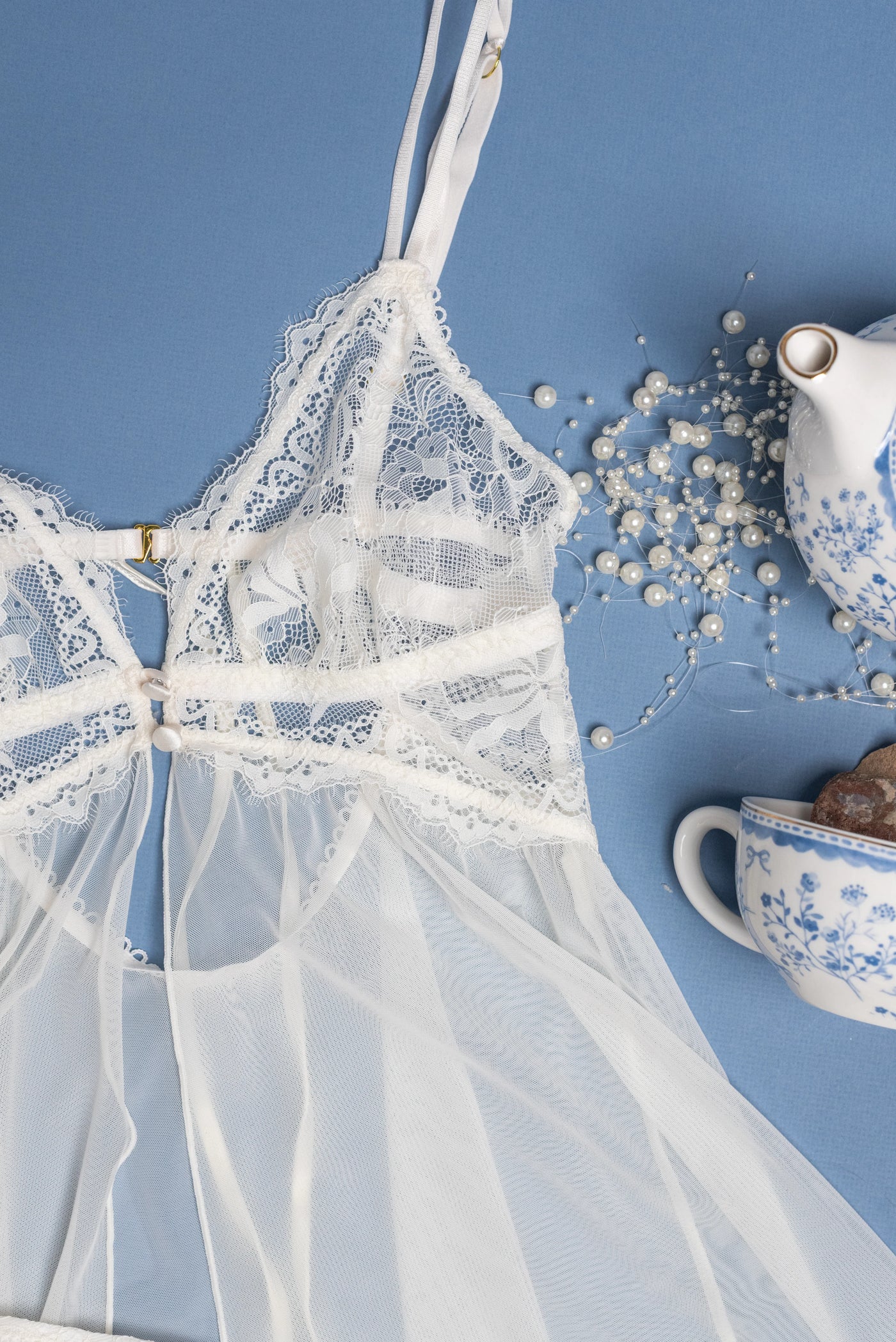 Lace & Mesh Button Babydoll - Pearl