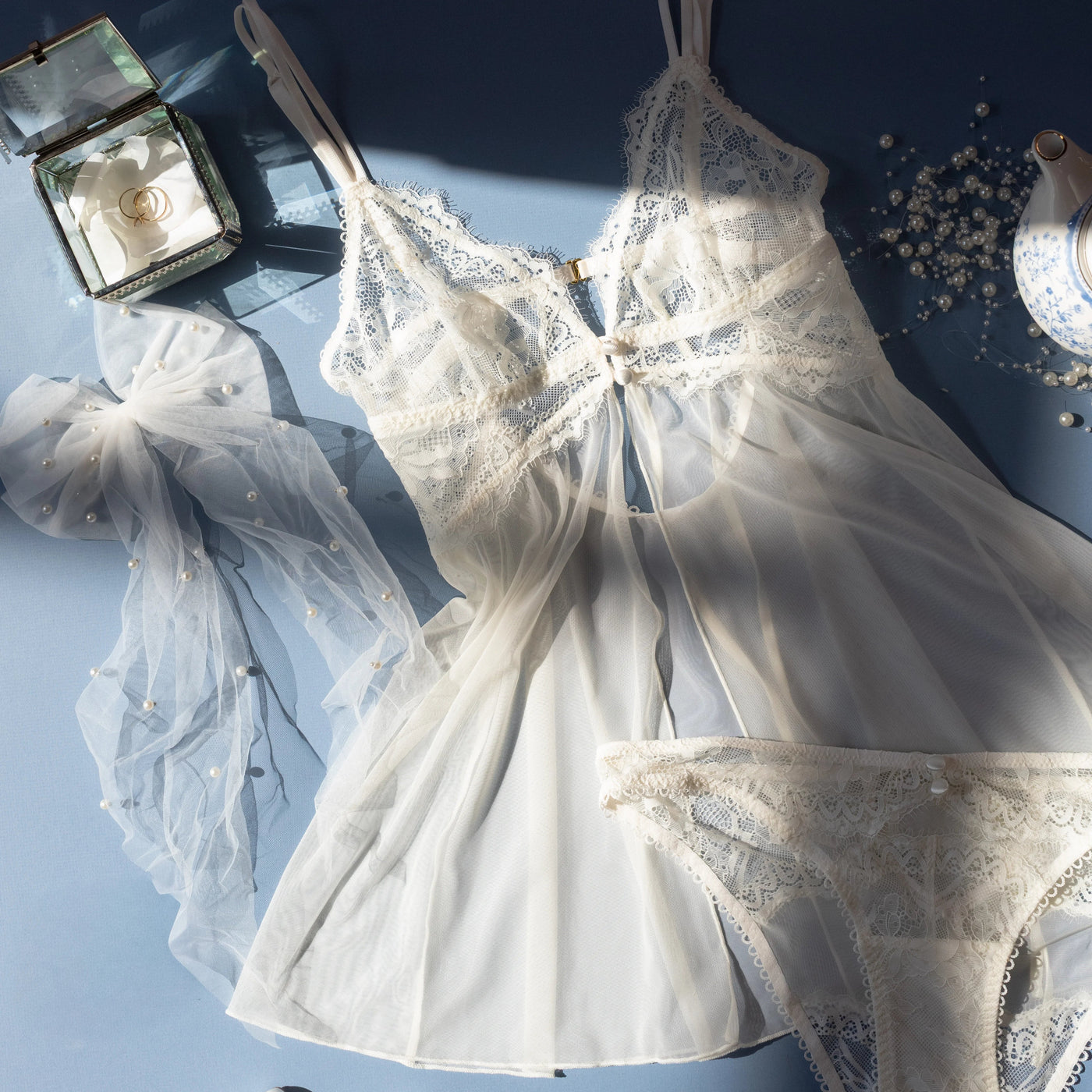 Lace & Mesh Button Babydoll - Pearl