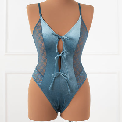 Lace & Velvet Crotchless Teddy - Retro Blue
