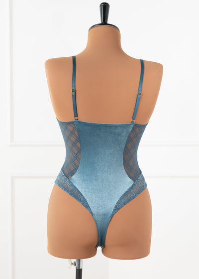 Lace & Velvet Crotchless Teddy - Retro Blue