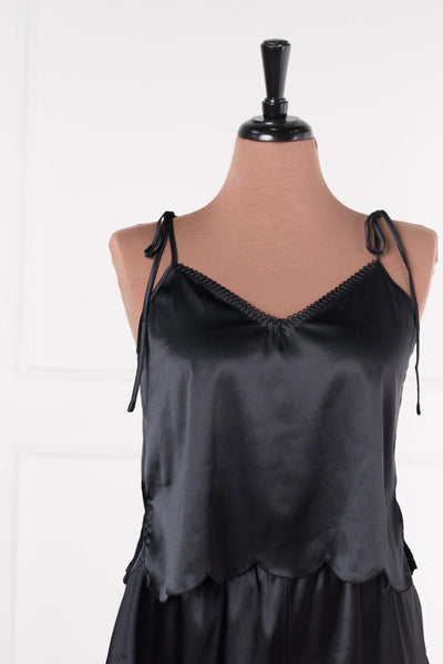 Scalloped Embroidered Satin Cami - Black