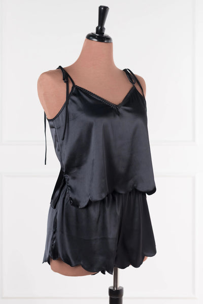 Scalloped Embroidered Satin Cami - Black