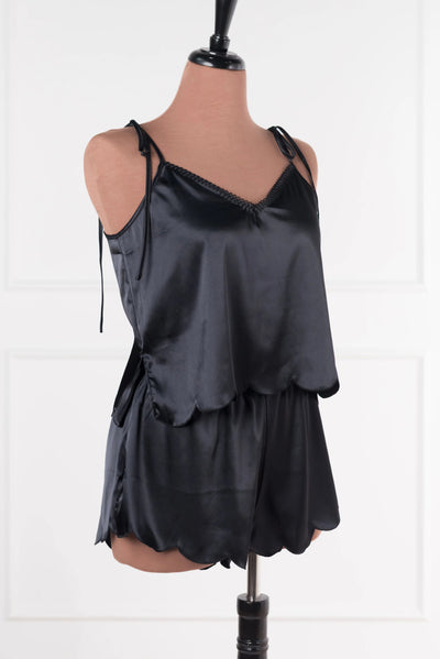 Scalloped Embroidered Satin Shorts - Black