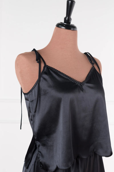 Scalloped Embroidered Satin Cami - Black