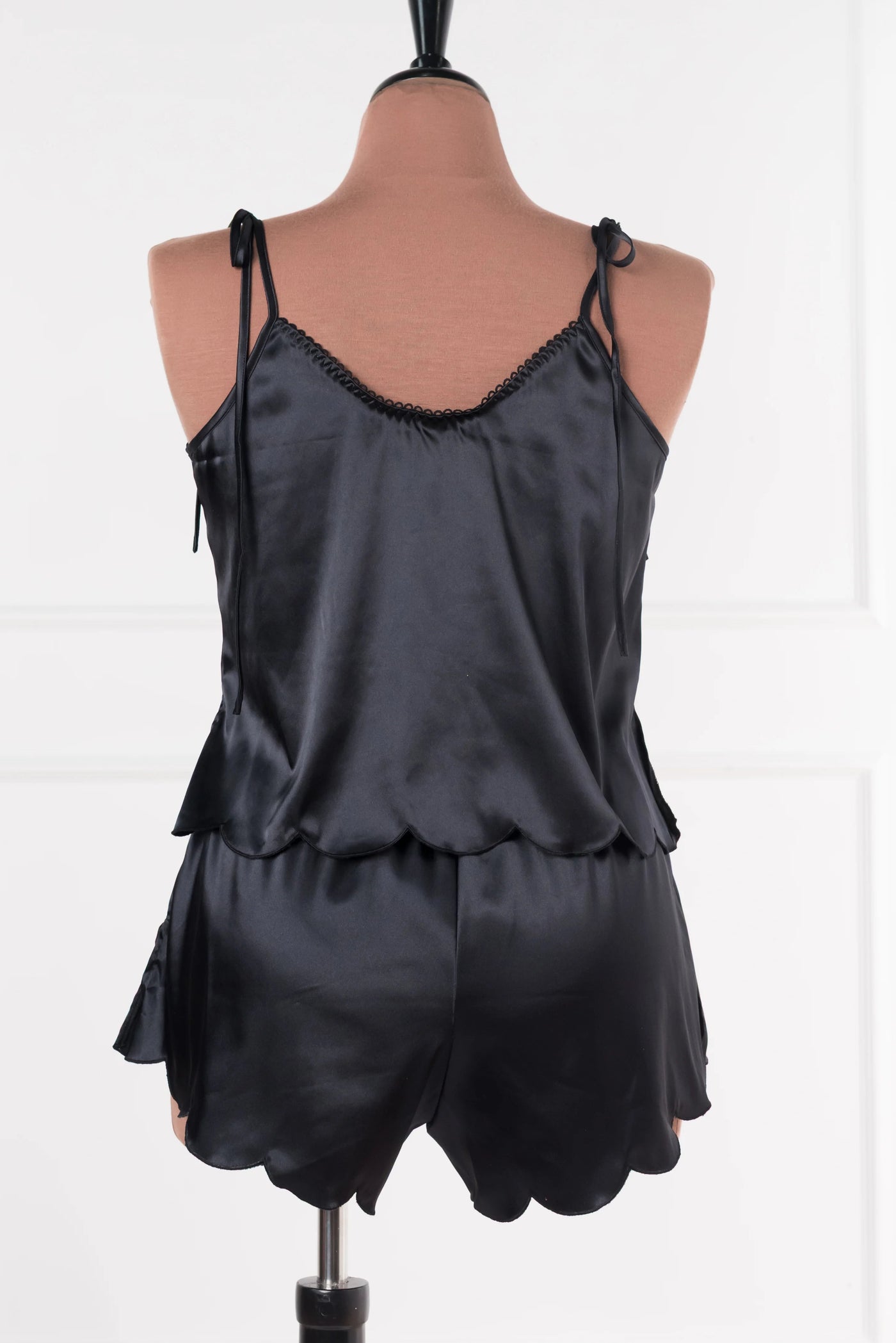 Scalloped Embroidered Satin Shorts - Black