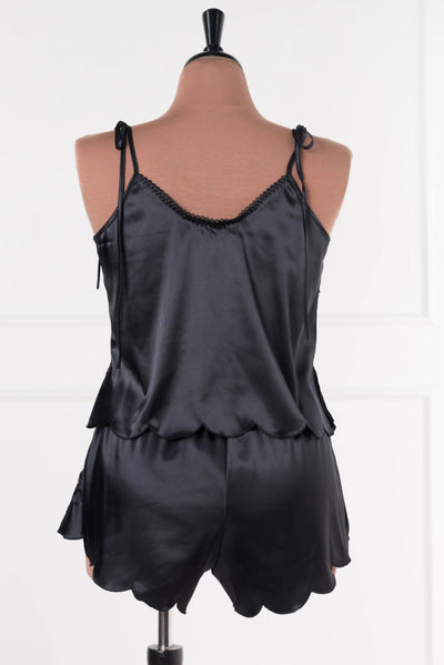 Scalloped Embroidered Satin Cami - Black