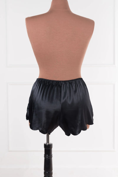 Scalloped Embroidered Satin Shorts - Black