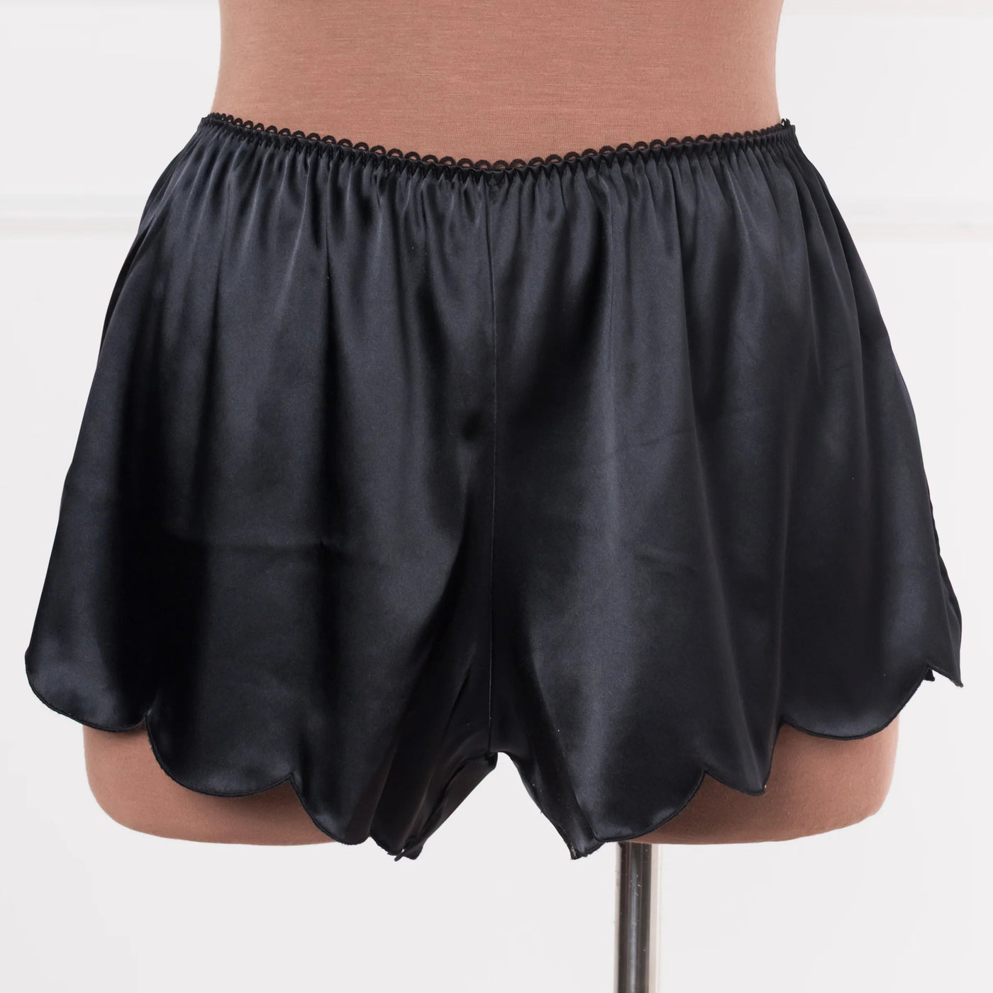 Scalloped Embroidered Satin Shorts - Black