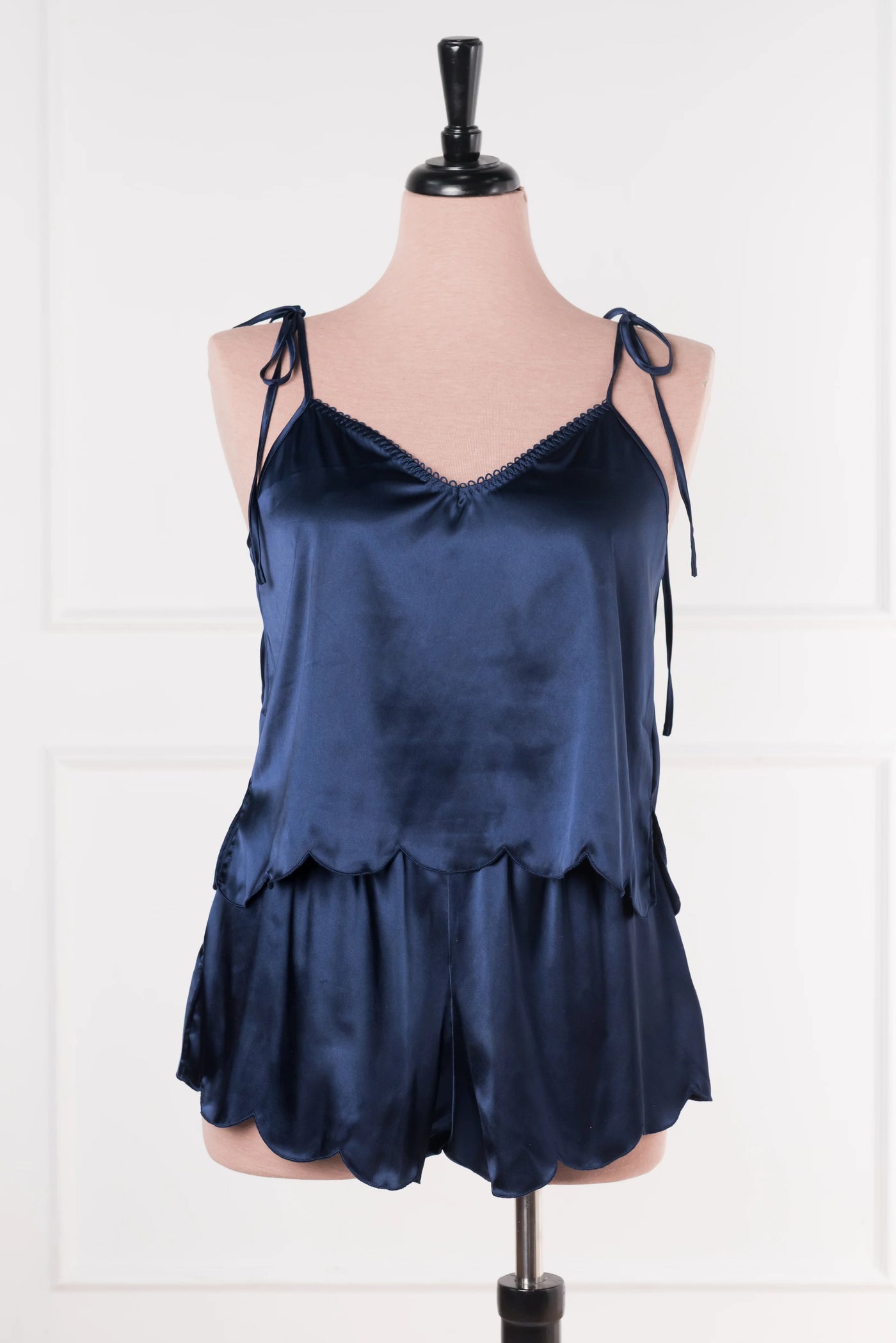 Scalloped Embroidered Satin Cami - Navy