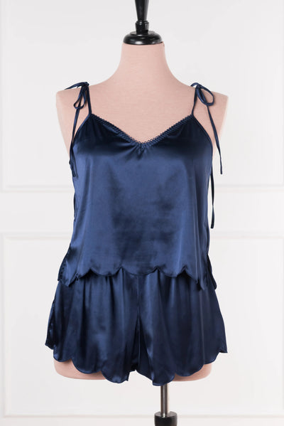 Scalloped Embroidered Satin Shorts - Navy