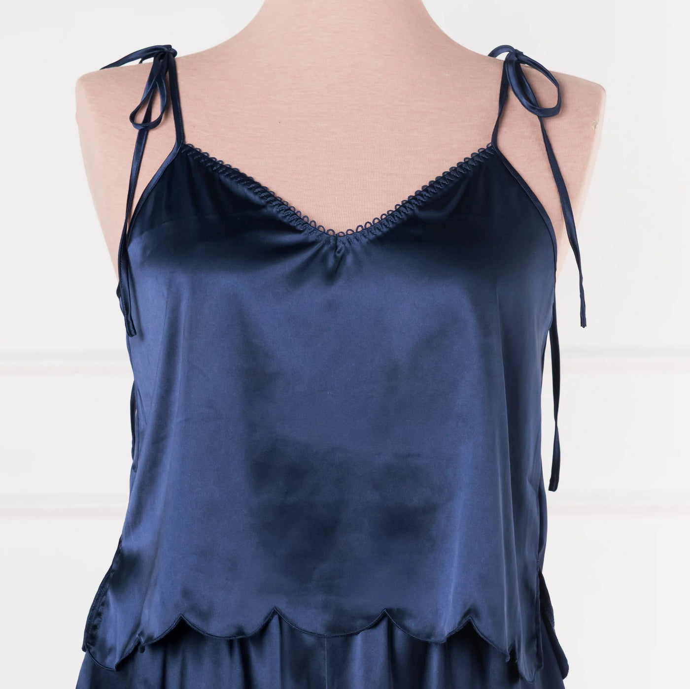 Scalloped Embroidered Satin Cami - Navy