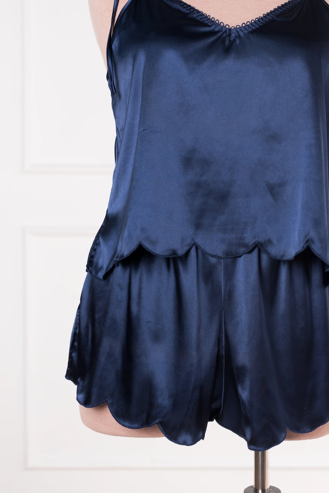 Scalloped Embroidered Satin Cami - Navy