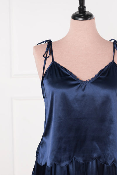 Scalloped Embroidered Satin Cami - Navy