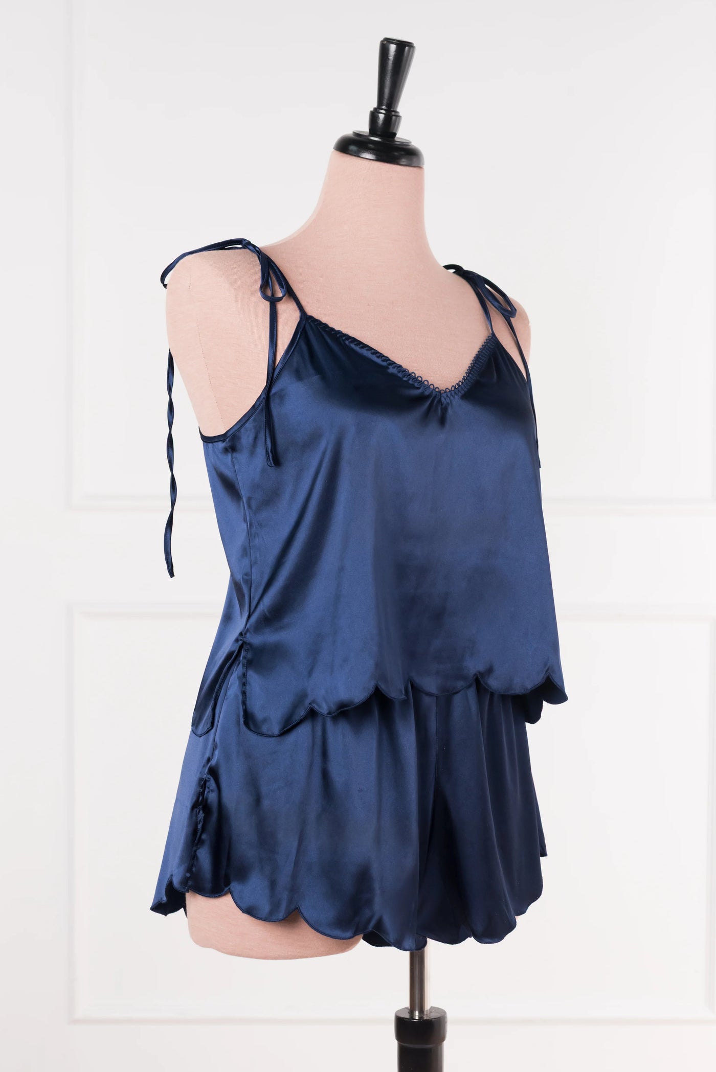 Scalloped Embroidered Satin Cami - Navy