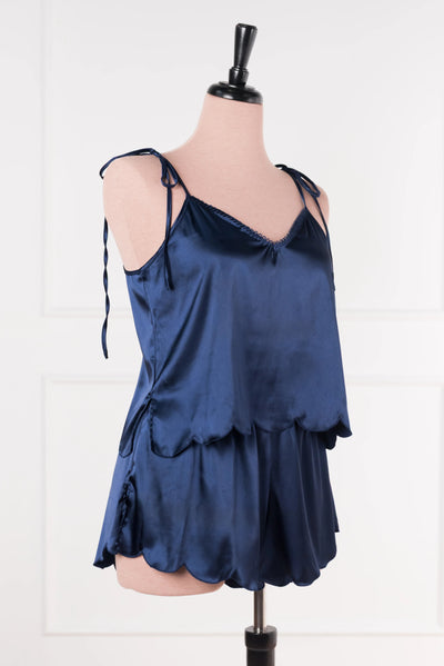 Scalloped Embroidered Satin Cami - Navy