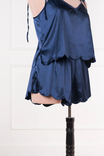 Scalloped Embroidered Satin Shorts - Navy