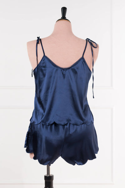 Scalloped Embroidered Satin Cami - Navy