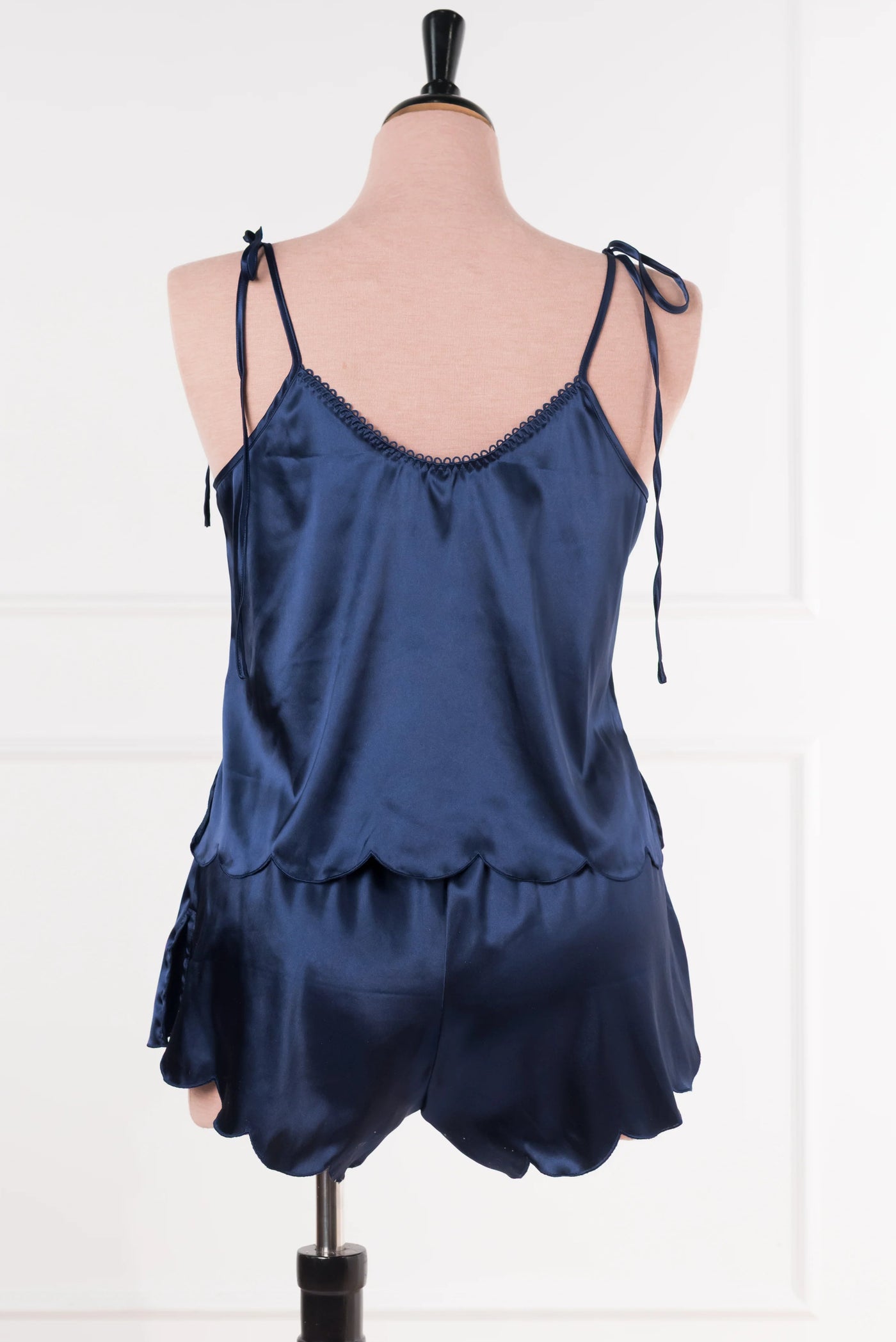 Scalloped Embroidered Satin Shorts - Navy