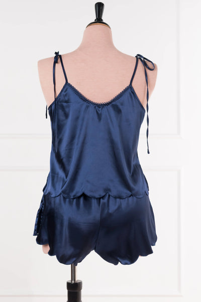 Scalloped Embroidered Satin Shorts - Navy