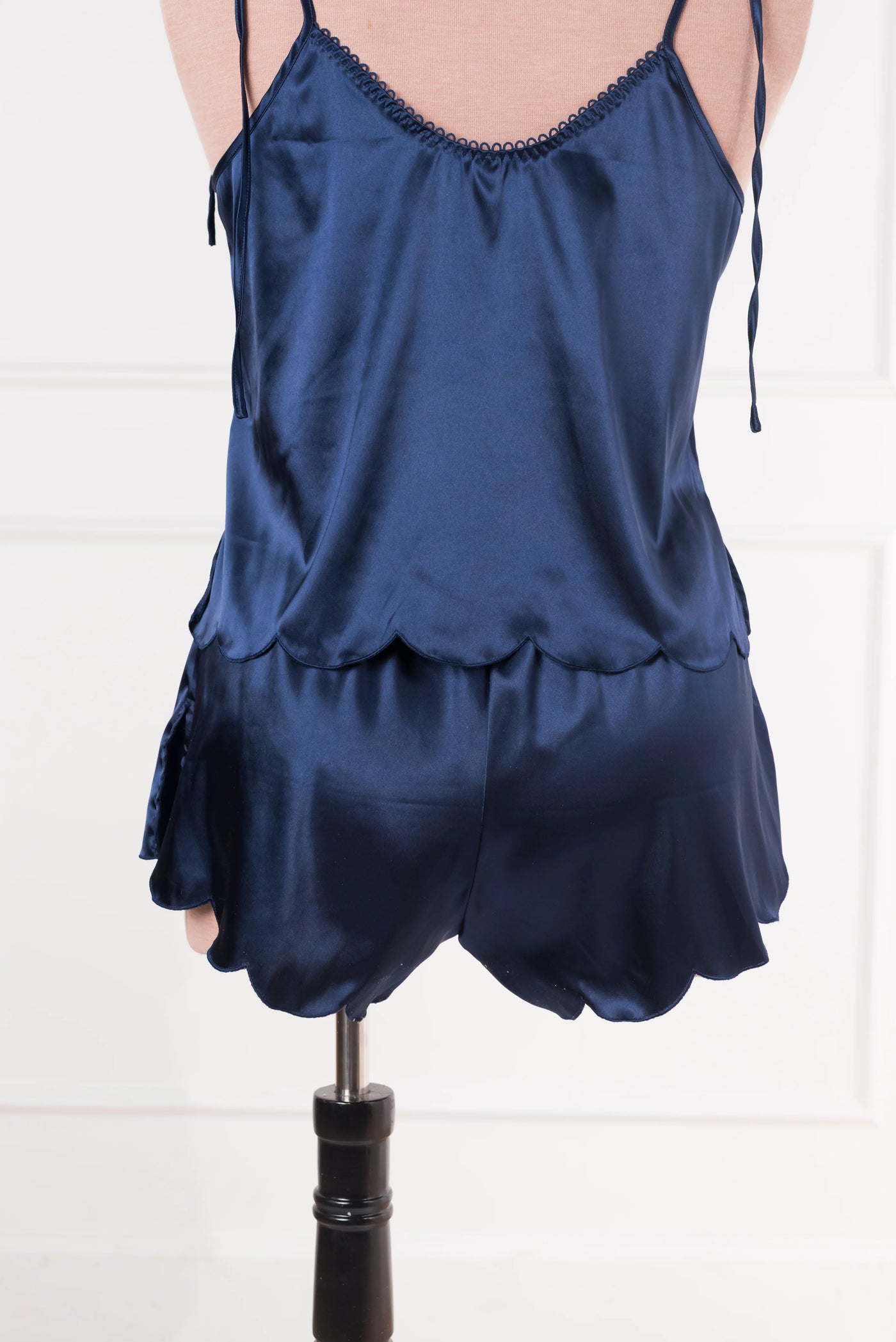 Scalloped Embroidered Satin Cami - Navy