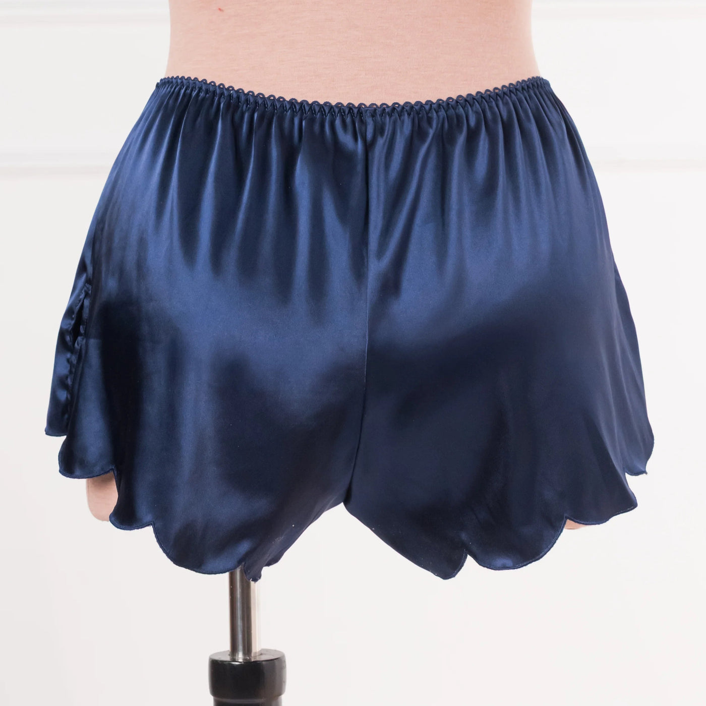 Scalloped Embroidered Satin Shorts - Navy