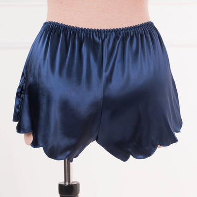 Scalloped Embroidered Satin Shorts - Navy