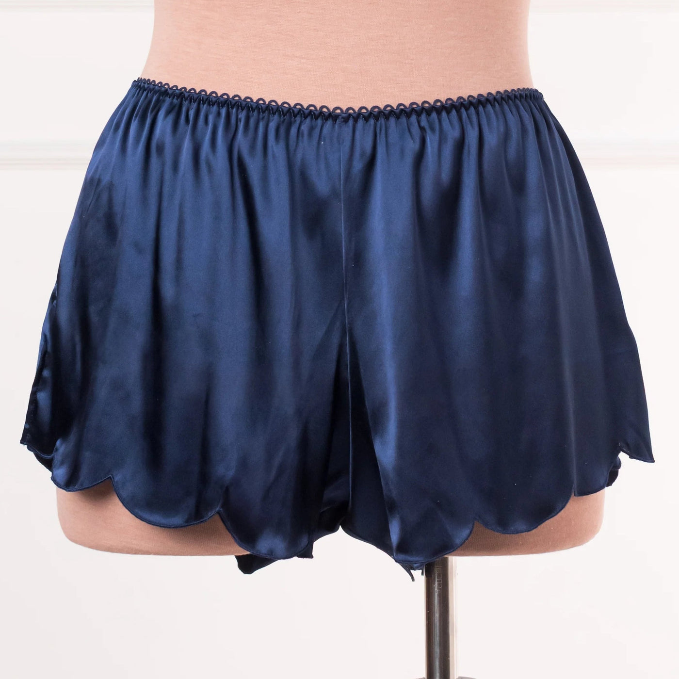 Scalloped Embroidered Satin Shorts - Navy