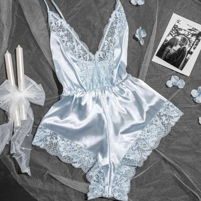 Lacy Plunge Satin Romper - Something Blue