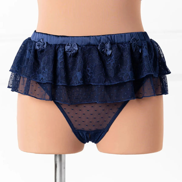 Lacy Crotchless Skirted Panty - Navy